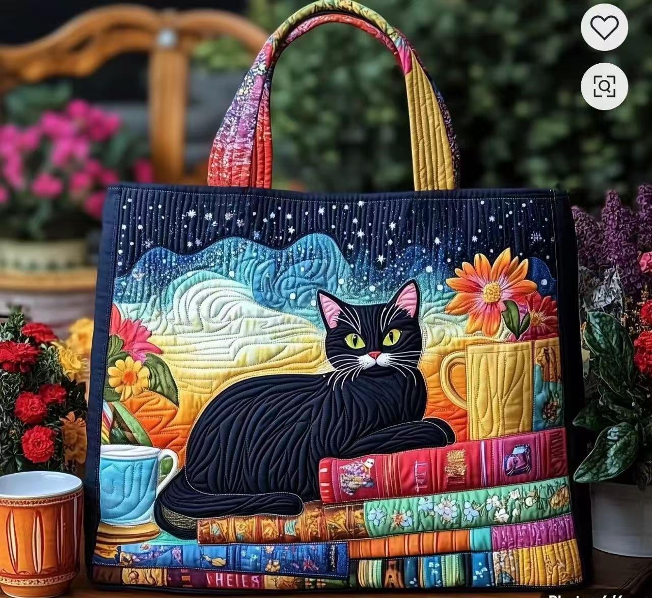 Black Cat Quilted Tote with Books