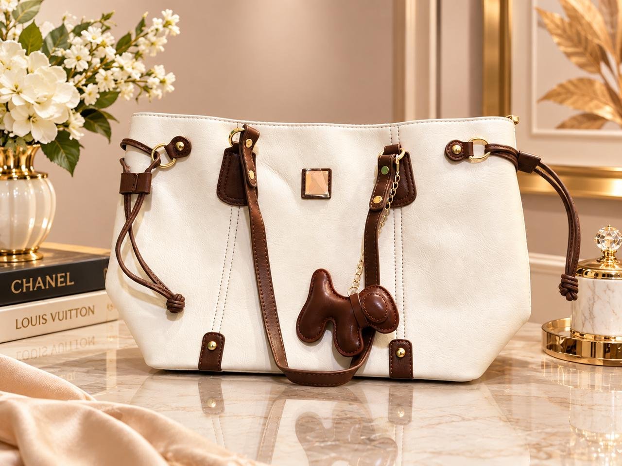 Cream Leather Tote with Charm
