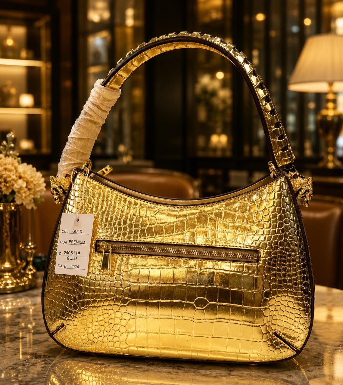 Gold Crocodile-Embossed Tiger Clasp Handbag