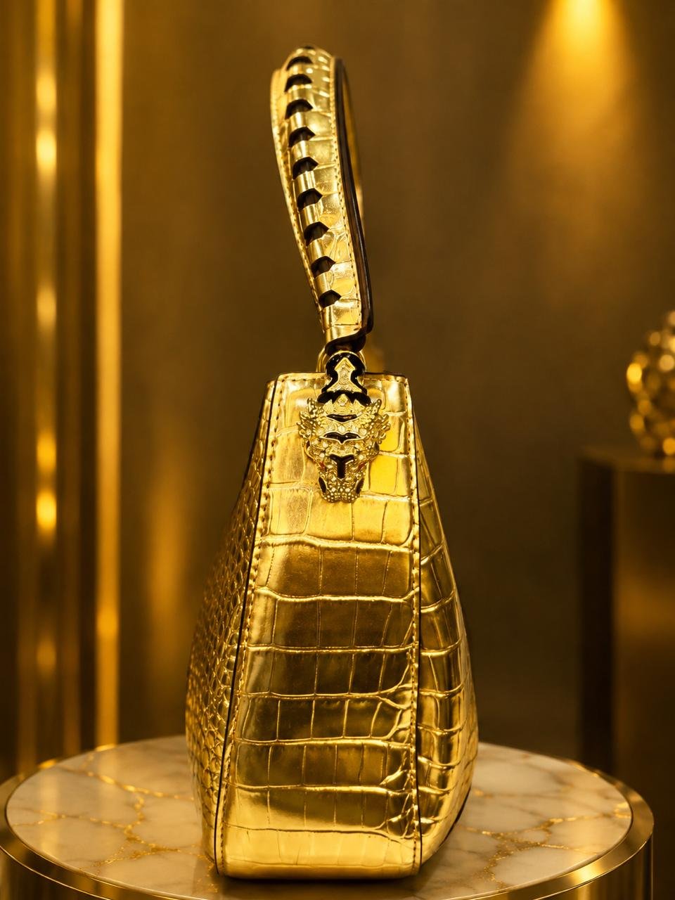 Gold Crocodile-Embossed Tiger Clasp Handbag - Ladies Bags view 2