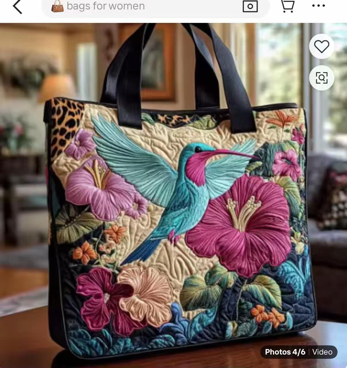 Leopard Trim Floral Hummingbird Tote